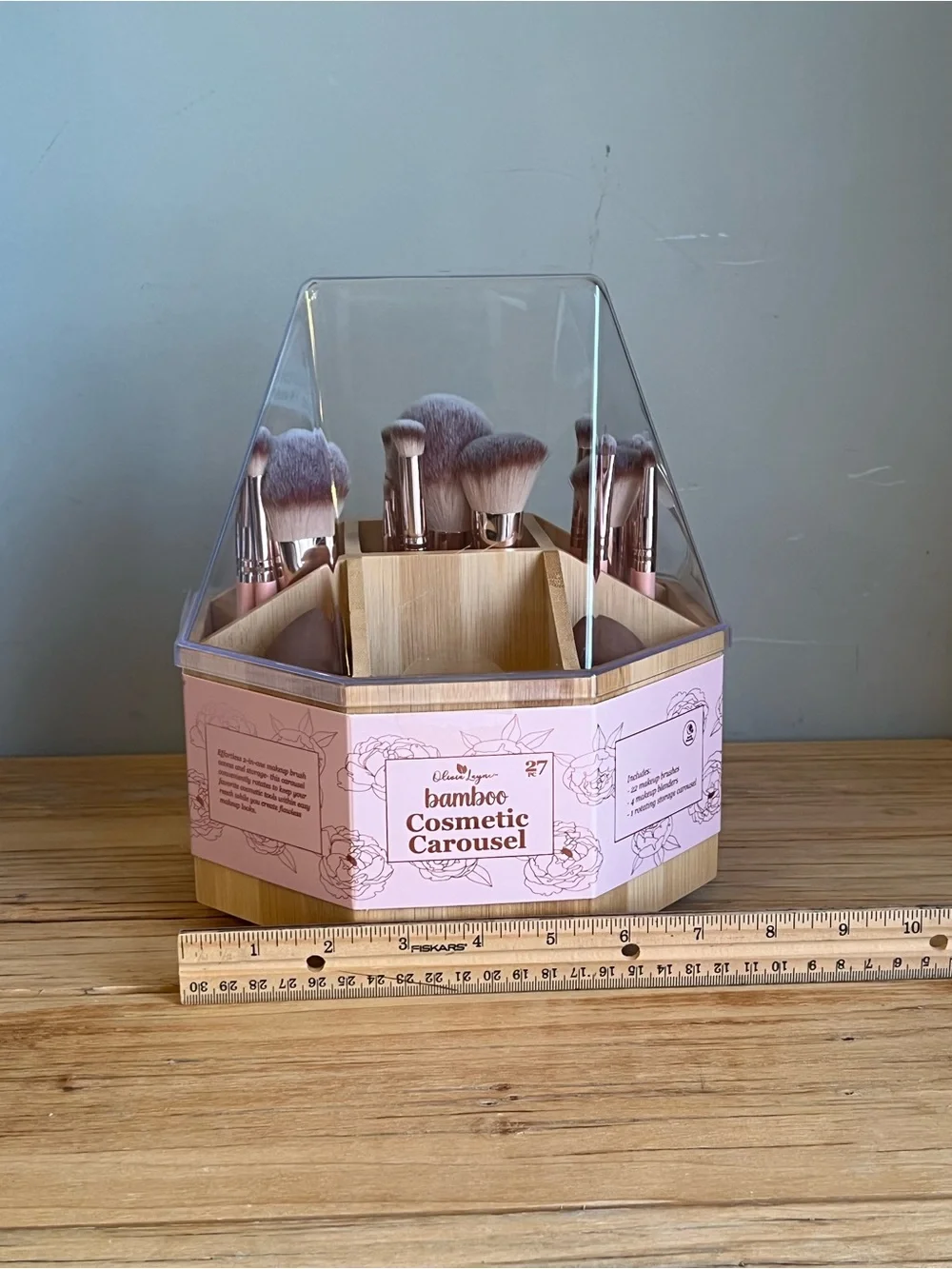 Bamboo Cosmetic Brush Carousel - Pink & Natural Wood